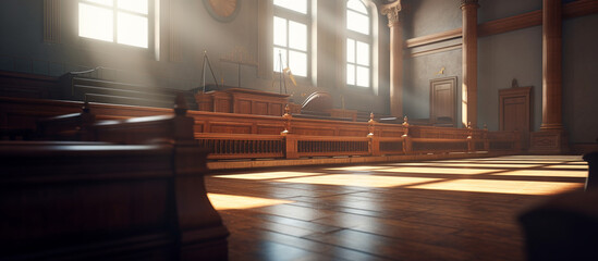 Banner with empty courtroom for design. Template with copy space. Generated AI. - obrazy, fototapety, plakaty