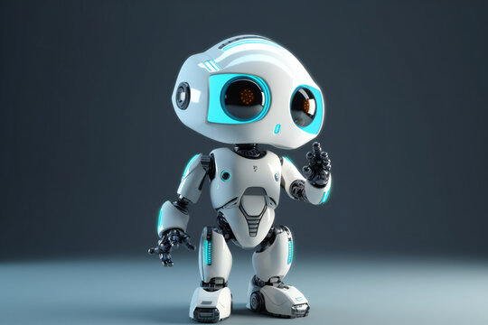 Cute robot pointing at something on dark background, ai generated