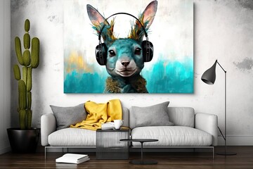 Modern interior design with a portrait of a dog in headphones