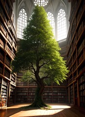 a library with a green tree inside it