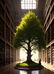 a library with a green tree inside it