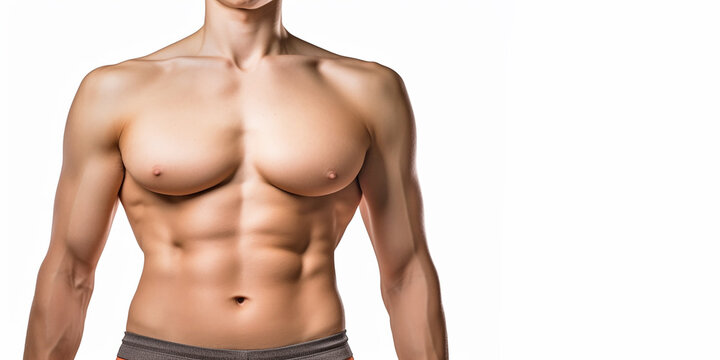 very muscular athletic body of a male bodybuilder, on an isolated white background, close-up. Generative AI