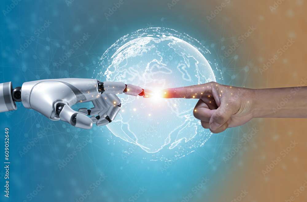 Poster artificial intelligence. futuristic 3d robot arm and human hand touching digital world with wirefram