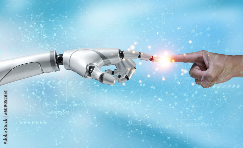 Poster robot hand making contact with human hand, ai chatbot communication metaverse technology, futuristic