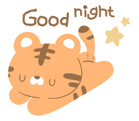 The Cartoon Orange Tiger: Peaceful Slumber with Closed Eyes, Embracing the Night with the Words 'Good Night' in the Background.