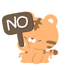 The Cartoon Orange Tiger: Holding a 'NO' Sign Firmly - obrazy, fototapety, plakaty