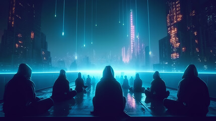 illustration a group of meditating people in the city of the future - obrazy, fototapety, plakaty