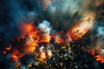 Fototapeta na wymiar forest fire in a very large forest aerial view generative ai