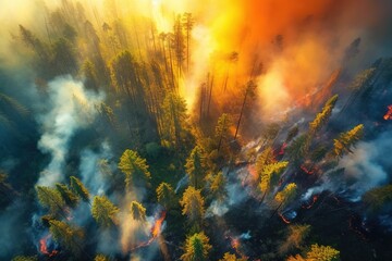Fototapeta na wymiar forest fire in a very large forest aerial view generative ai