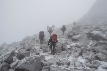 Fototapeta premium people climbing up mount everest in snow storm generative ai