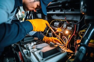 Technician Hands of car mechanic working repair in auto repair Service electric battery and Maintenance of car battery. Check the electrical system inside the car, generative ai
