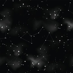 Endless Texture of Cosmic Universe with Cute Stars. Decorative Design for Prints, Fabrics, Wallpapers etc. Simple Sky with Constellations, Nebulas etc. Seamless Pattern. Vector illustration