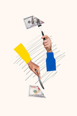 Vertical collage image of two people arms hold fork knife eat cut dollar banknotes bills isolated...