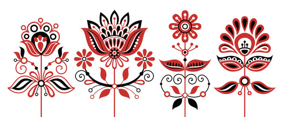 Set of Flowers Inspired by Ukrainian Traditional Embroidery. Ethnic Floral Motif, Handmade Craft Art. Traditional Ukrainian Red and Black Embroidery. Single Design Elements. Vector Illustration