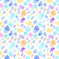 Watercolor brush strokes bright, colorful, mosaic background. Seamless pattern with colored watercolor blots on a white background.
