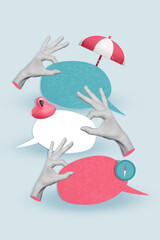 Vertical collage picture of black white gamma people arms fingers hold empty space dialogue bubble...