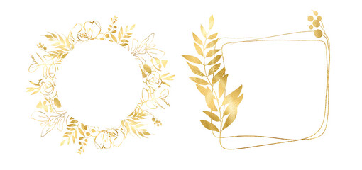 Gold Foil Floral Frame, Gold brush stroke on transparent background. For wedding card, greeting cards, round template for logo, wedding