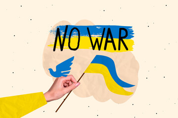 Creative retro 3d magazine collage image of arm holding ukrainian flag asking stop war isolated...