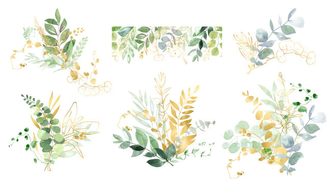botanic watercolor illustration, watercolor wreath, greenery herbs round frame geometric natural gold green, Eucalyptus Greenery Geometric Frame, green and gold © Yevheniia Poli