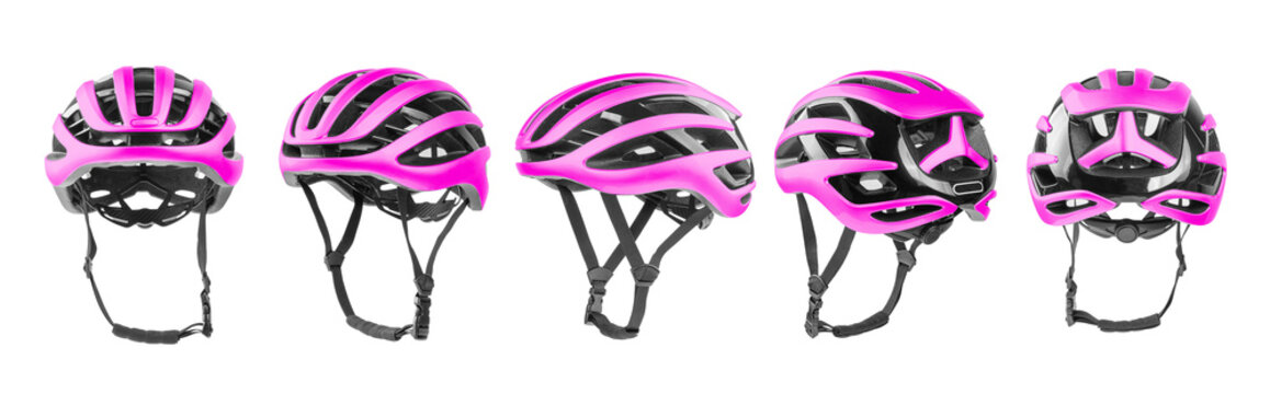Set of pink bicycle helmets with side, front and back views. Isolated on white background