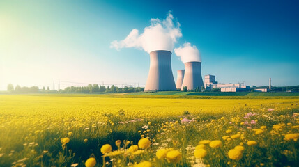 Cooling towers of a nuclear power plant in beautiful summer landscape. Generative ai edited - obrazy, fototapety, plakaty