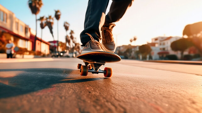 Urban street skateboarding close up image of the board and legs. Generative ai edited