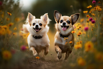 Two happy smiling chihuahua dogs running together in flowers field, generative ai