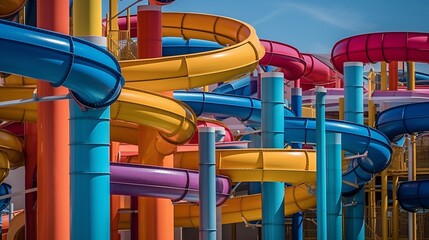 Water park, bright multi-colored slides with a pool. A water park without people on a summer day. Ai Generative