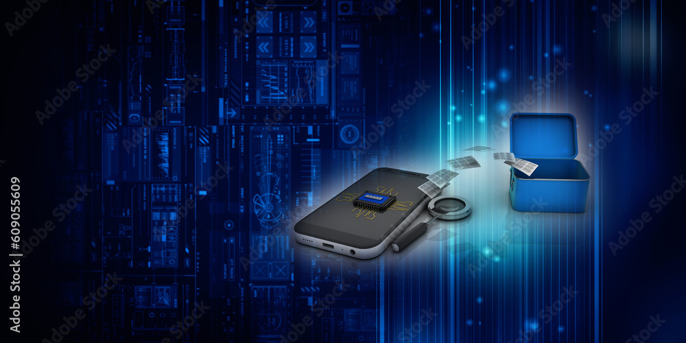 Poster 3d rendering microchips on mobile phone search concept