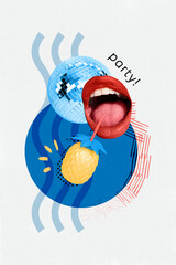 Creative advert poster banner collage of caricature human open mouth for drink delicious beach pub...