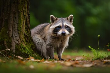 Obraz premium a cunning raccoon is peaking from the tree stump - Generative AI Technology