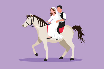 Graphic flat design drawing married couple in love horseback riding with wedding dress. Man making proposal marriage to beautiful woman. Engagement and love relation. Cartoon style vector illustration