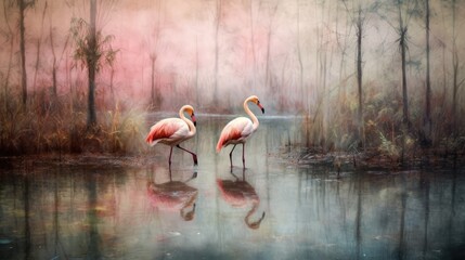 Lovely painting of pink flamingos in a pond with water and reed Generative AI Illustration - obrazy, fototapety, plakaty