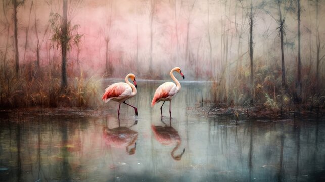 Lovely painting of pink flamingos in a pond with water and reed Generative AI Illustration