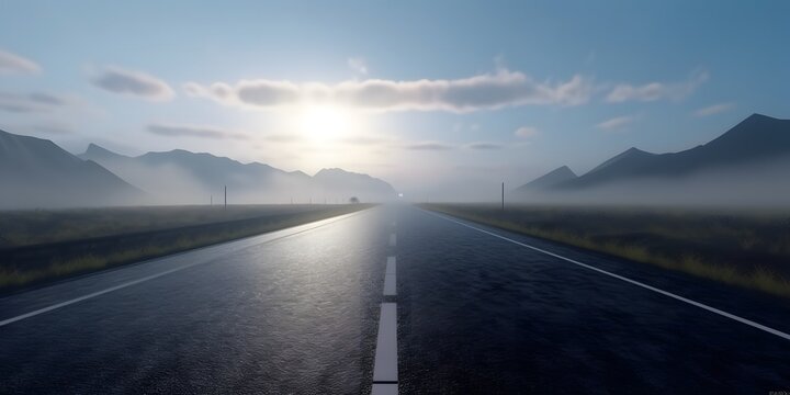 Black Asphalt Road And White Dividing Lines. Highway in early morning.generative AI