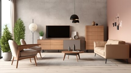 Interior design of living room with sideboard and armchair, modern home