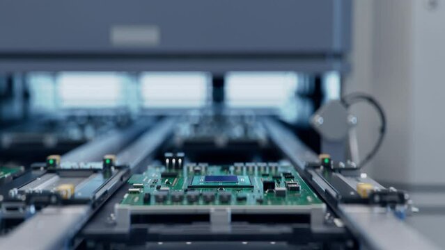 POV of Circuit Board on Conveyor during Component installation process. Fully Automated PCB Assembly Line. Electronic Devices Production Industry. Bright Electronics Factory.