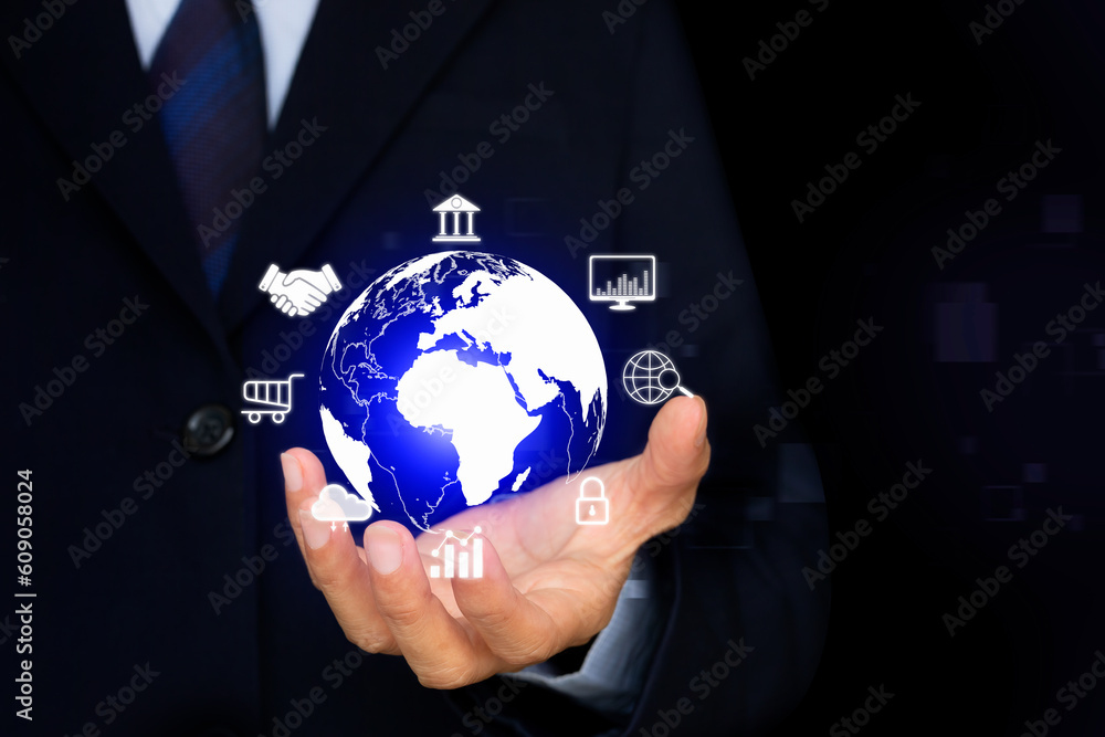 Poster hand holding virtual global internet connection metaverse. business global internet connection appli