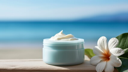 Fototapeta na wymiar Cosmetic cream product, summer beach background with Generative AI.