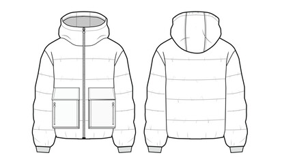 Unisex Hooded Zip-up Puffer Jacket technical fashion Illustration. Cropped Down Jacket technical drawing template, long sleeve, pocket, front and back view, white, women, men, unisex CAD mockup. © amjad