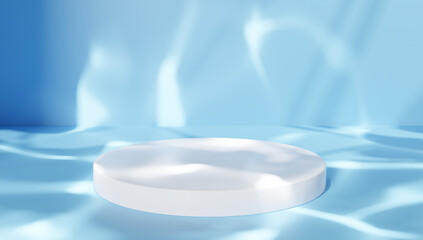 Realistic 3D rendering of a cylinder product display pedestal podium for beauty skincare natural concept products. Sunlight with tropical leaf shadow in background. Round, showcase, stage, template