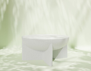 white round cylinder podium in corrugated side, green tropical bamboo palm in sunlight, leaf shadow on wall for luxury organic beauty, cosmetic, skin care product display background 3D