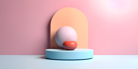 Abstract minimal concept. Pastel multi colour background with podium, abstract geometric landscape. Mock up template for product presentation. 3D rendering. copy text space	