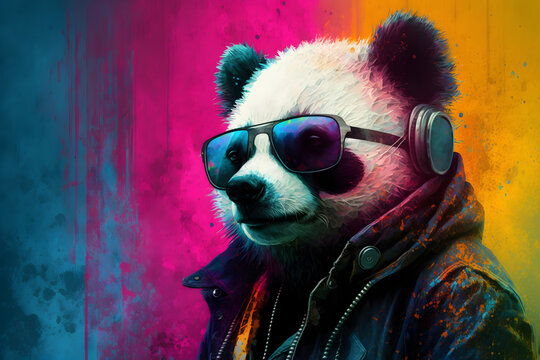 acid Pop colorful panda wearing Headphones and sunglasse Stock Illustration  | Adobe Stock