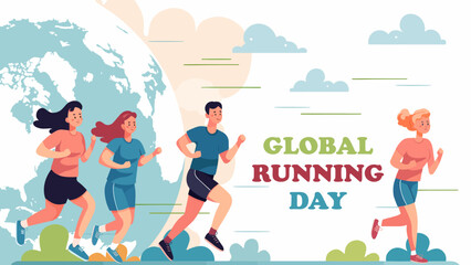 A group of people run against the backdrop of the globe.Global Running Day.Vector illustration.