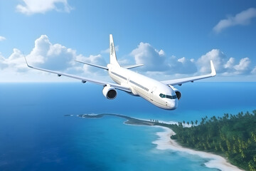 Fototapeta na wymiar airplane over the sea and paradise islands