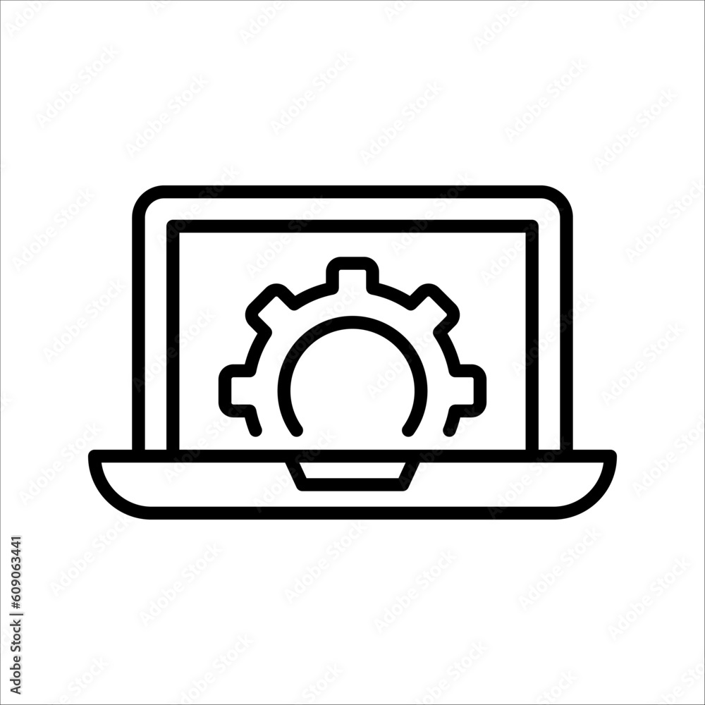 Poster laptop and gears icon with update screen. update process, install new software, operating system, up