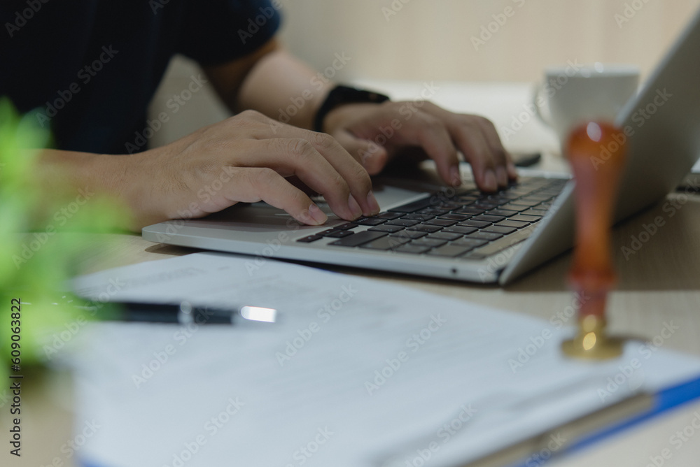 Aufkleber businessman hands using laptop computer working online, searching information tech data in internet 