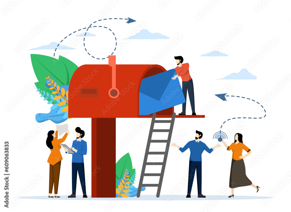 Poster mailbox with mail, receiving mail, sorting, web mail or mobile service layout for website header, fl