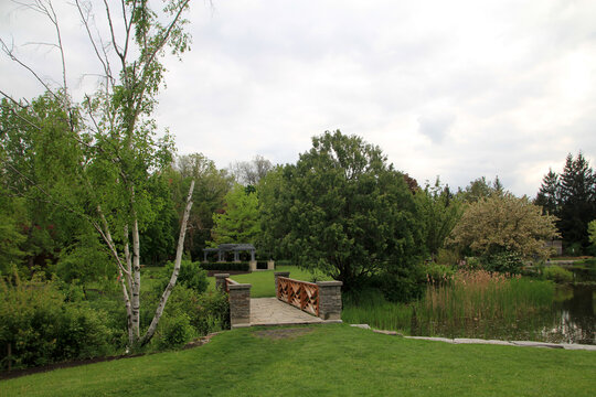 Spring landscape with bridge in the park